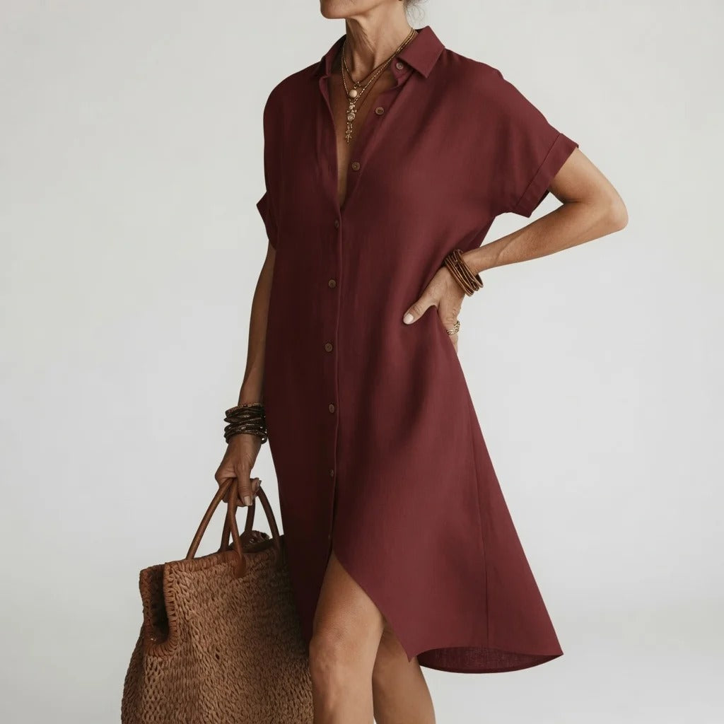 Aurora - Vestido Camisero Midi de Manga Corta